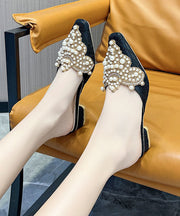 Beautiful Beige Pointed Toe Pearls Chunky Thong Sandals