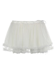 Beautiful Beige Ruffled Drawstring Patchwork Tulle Skirts Summer