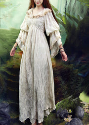 Beautiful Beige Ruffled Silk Velour Long Dresses Puff Sleeve