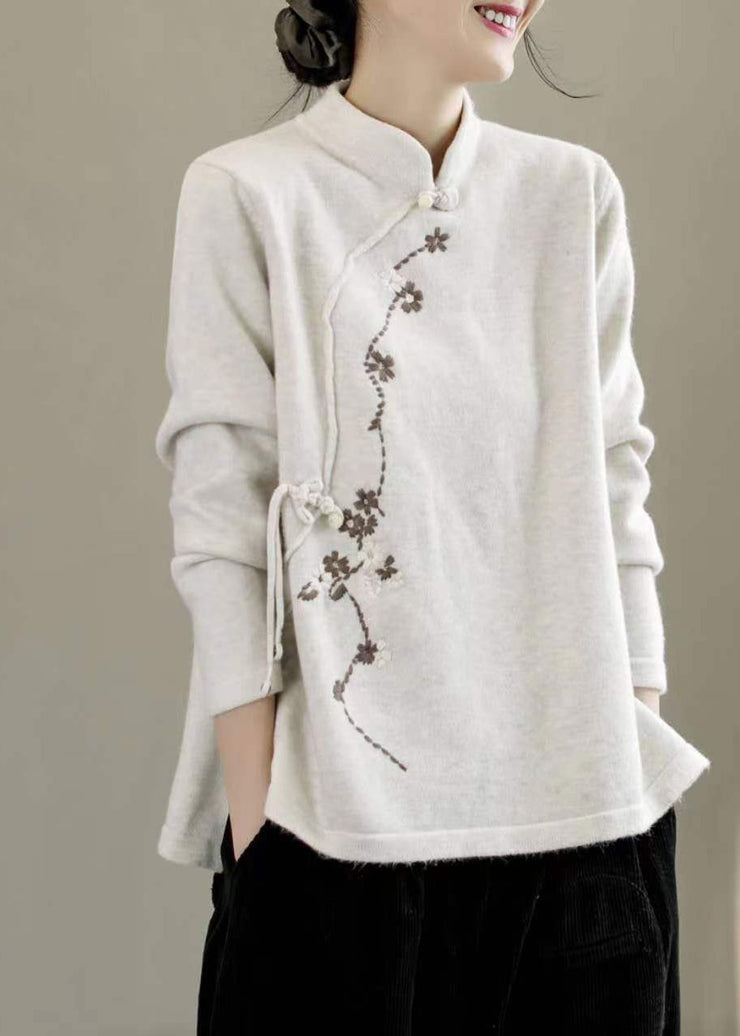 Beautiful Beige Stand Collar Embroidered Chinese Style Knit Tops Spring