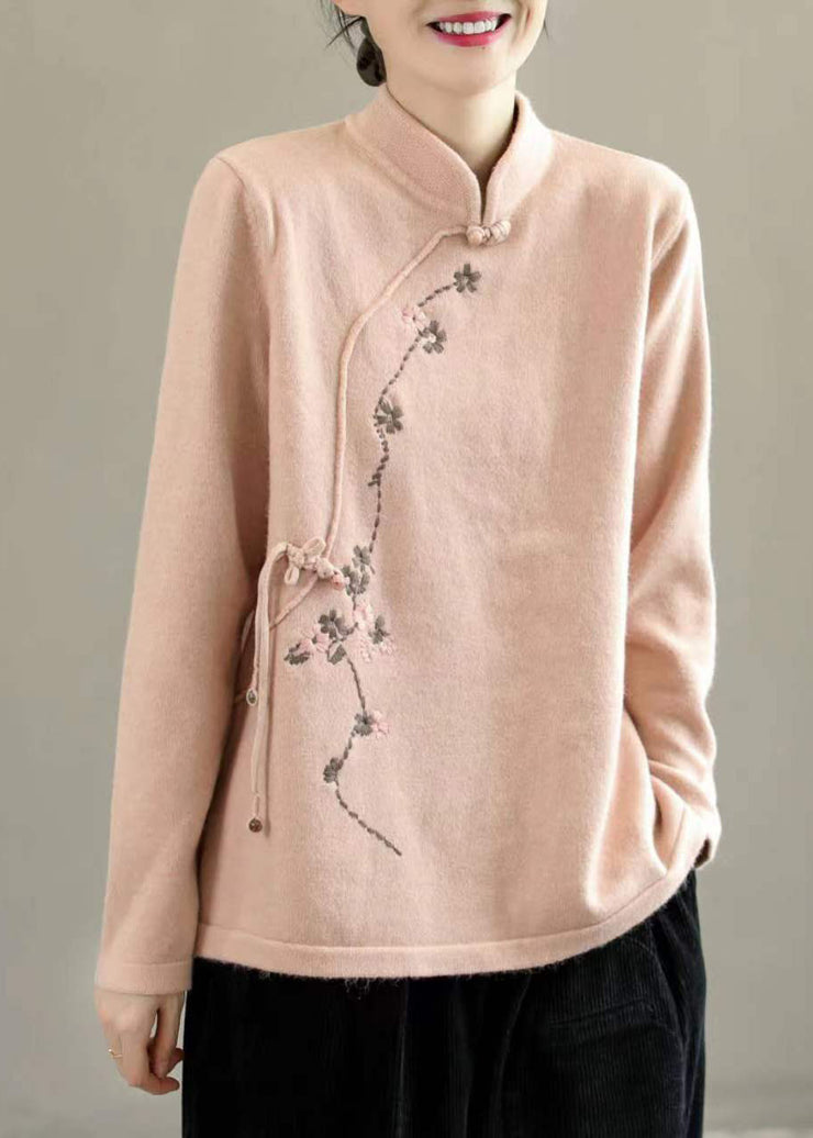 Beautiful Beige Stand Collar Embroidered Chinese Style Knit Tops Spring