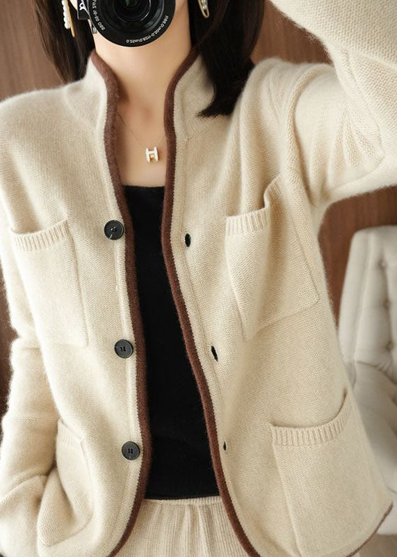 Beautiful Beige Stand Collar Pockets Thick Knit Loose Cardigan Winter