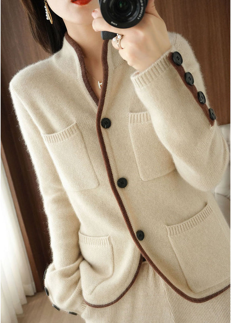 Beautiful Beige Stand Collar Pockets Thick Knit Loose Cardigan Winter