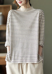 Beautiful Beige Striped Loose Knit Shirt Spring