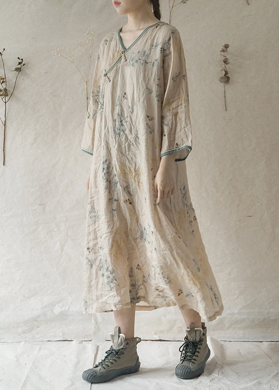 Beautiful Beige V Neck Print Patchwork Linen Long Dresses Long Sleeve