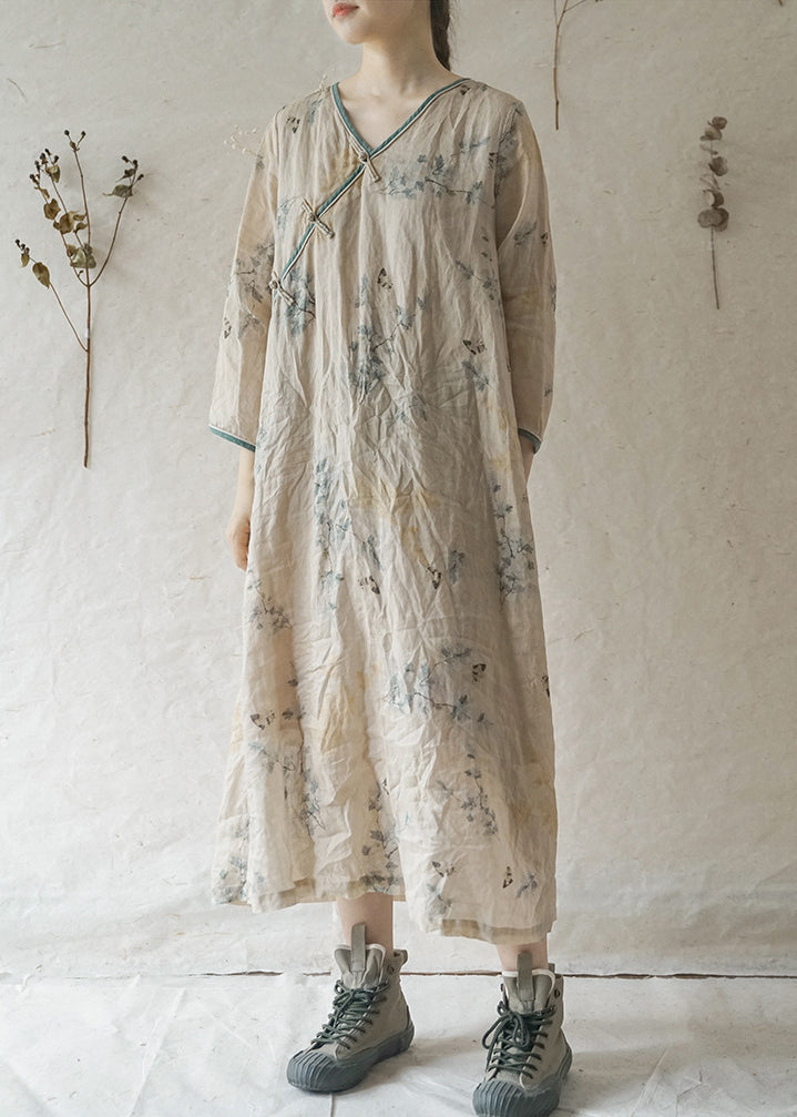 Beautiful Beige V Neck Print Patchwork Linen Long Dresses Long Sleeve