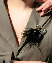 Beautiful Black Alloy Pearl Swan Feather Brooches