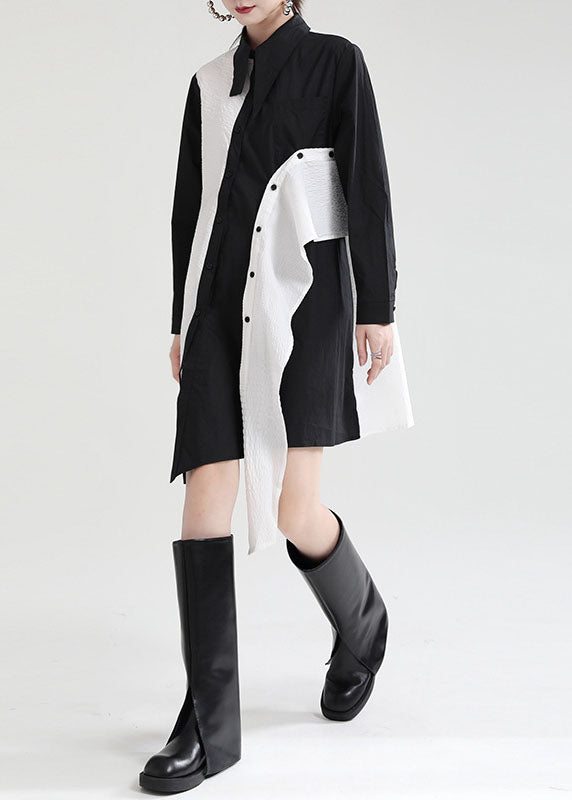 Beautiful Black Asymmetrical Design Patchwork Fall Dresses Long Sleeve
