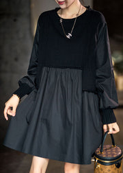 Beautiful Black Asymmetrical Knit Patchwork Cotton Dresses