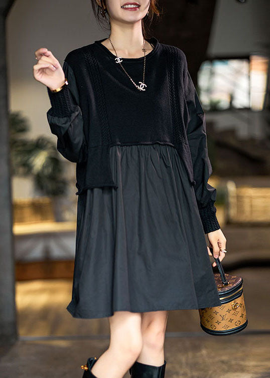 Beautiful Black Asymmetrical Knit Patchwork Cotton Dresses