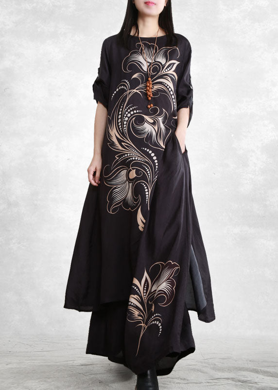 Beautiful Black Asymmetrical Pockets Print Tops And Wide Leg Pants Two Pieces Set Spring
