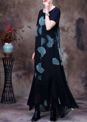 Beautiful Black Asymmetrical Print Chiffon Strap Dress And Tanks Two Pieces Set Summer