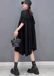 Beautiful Black Asymmetrical Wrinkled Letter Print Cotton Streetwear Dresses Short Sleeve