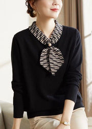 Beautiful Black Bow Collar Print Knit Blouses Long Sleeve