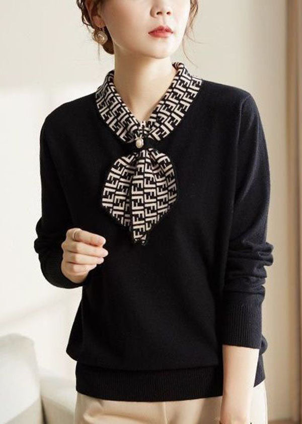 Beautiful Black Bow Collar Print Knit Blouses Long Sleeve