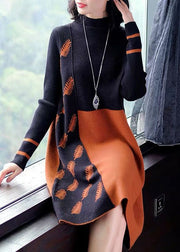 Beautiful Black Brown Stand Collar Patchwork Jacquard Knitwear Dress Winter