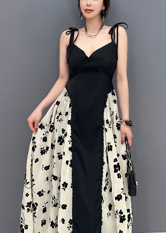 Beautiful Black Bustier Top Patchwork Print Silk Spaghetti Strap Dress Summer