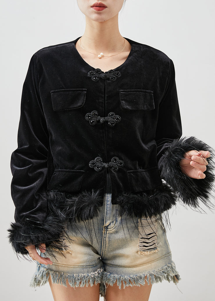 Beautiful Black Chinese Button Patchwork Feather Silk Velour Jackets Spring