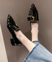 Beautiful Black Chunky Heel Faux Leather Pointed Toe Rivet