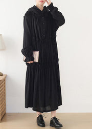 Beautiful Black Cinched hooded Spring Cotton Dress - SooLinen
