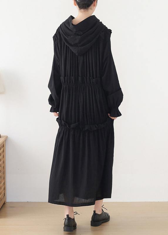 Beautiful Black Cinched hooded Spring Cotton Dress - SooLinen