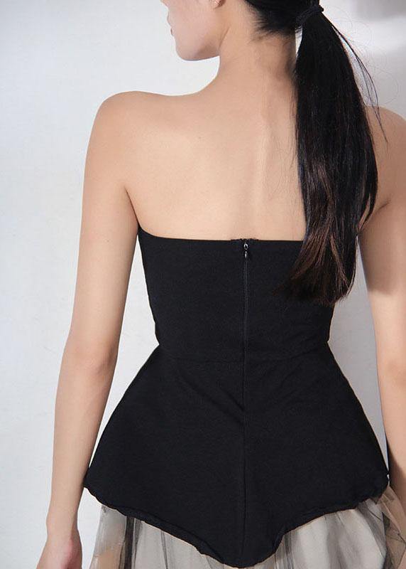 Beautiful Black Cold Shoulder Slash neck asymmetrical design Breast wrapping Cotton Top Summer - SooLinen