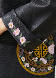Beautiful Black Embroidered Chinese Button Faux Leather Coat Spring