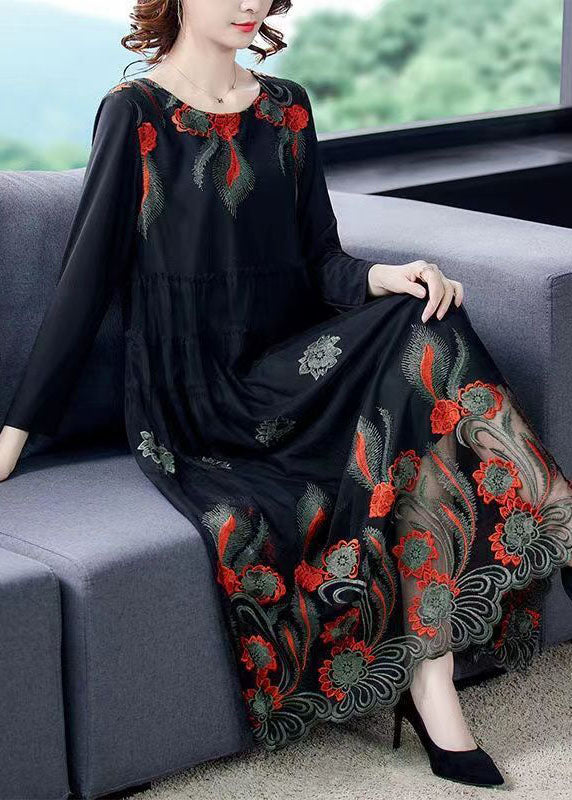 Beautiful Black Embroidered Patchwork Tulle Party Dress Spring