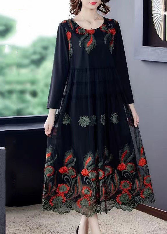 Beautiful Black Embroidered Patchwork Tulle Party Dress Spring