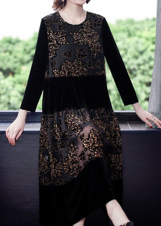 Beautiful Black Embroidered Tulle Patchwork Silk Velour Dresses Spring