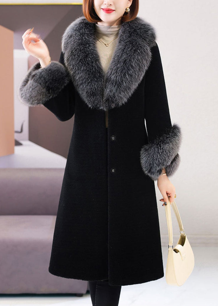 Beautiful Black Fox Collar Tie Waist Woolen Long Coat Winter