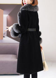Beautiful Black Fox Collar Tie Waist Woolen Long Coat Winter