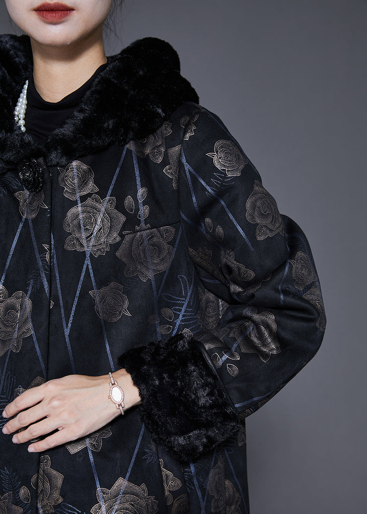 Beautiful Black Fur Collar Print Warm Fleece Coat Outwear Winter