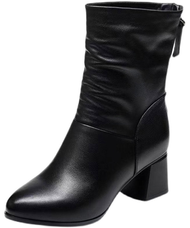 Beautiful Black High Heel Genuine Leather Splicing Ankle Boots