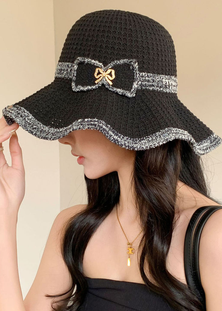 Beautiful Black Hollow Out Bow Knit Bucket Hat