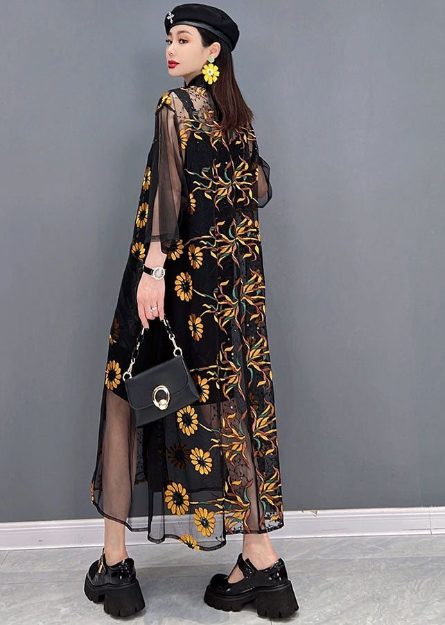 Beautiful Black Hollow Out Floral Print Tulle UPF 50+ Long Shirt Dress Summer