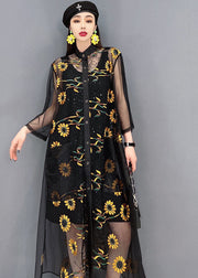 Beautiful Black Hollow Out Floral Print Tulle UPF 50+ Long Shirt Dress Summer