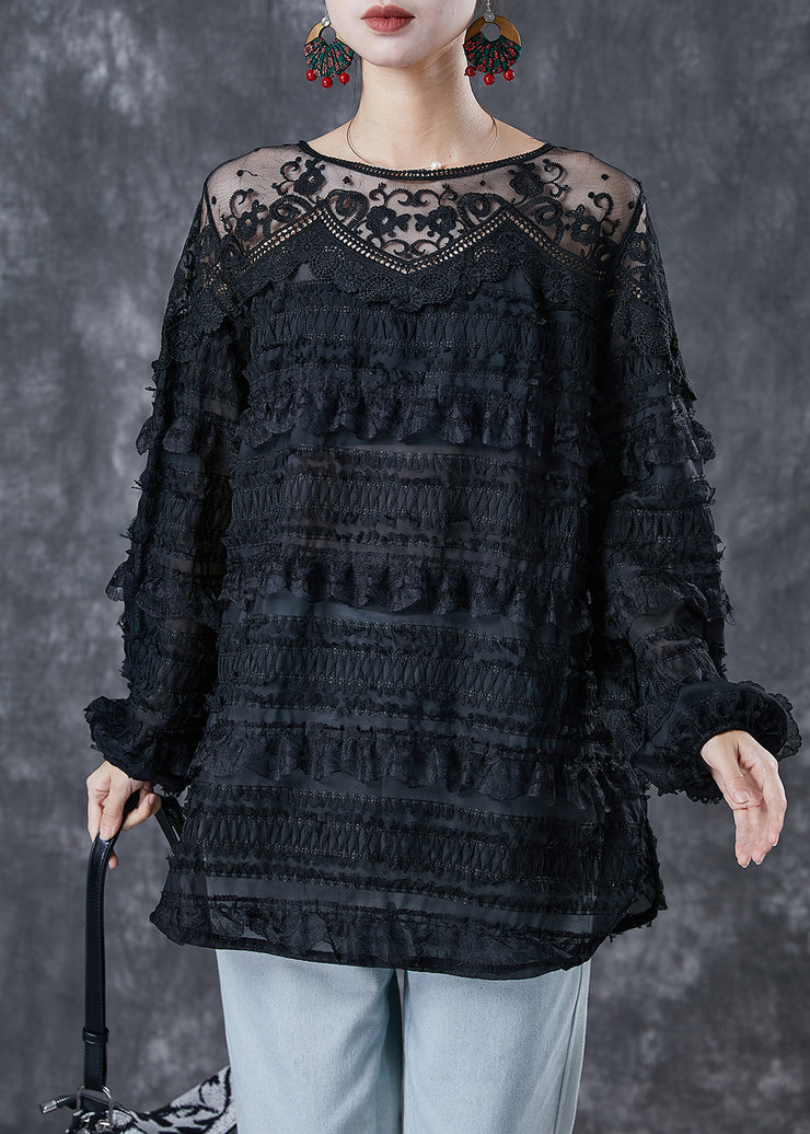Beautiful Black Hollow Out Patchwork Lace Top Spring