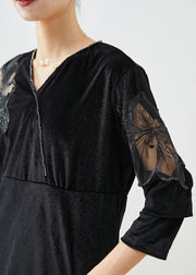 Beautiful Black Hollow Out Patchwork Silk Velour Shirt Fall