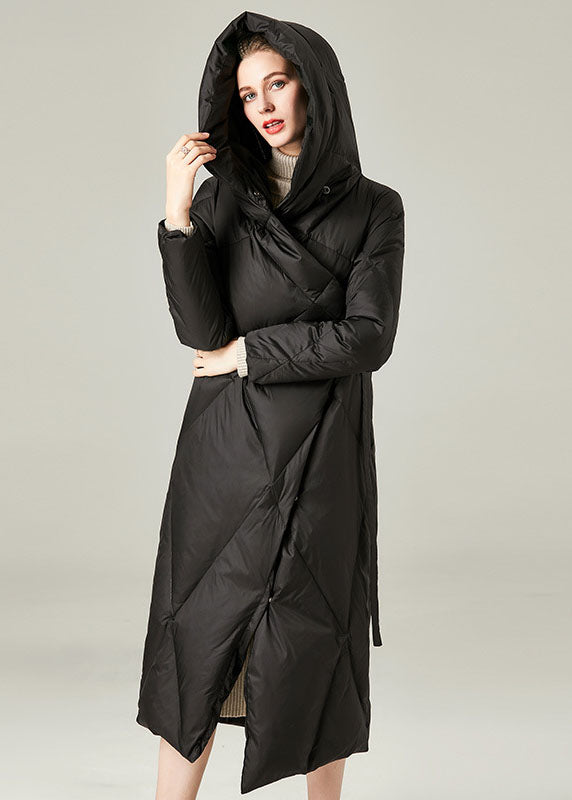 Beautiful Black Hooded Asymmetrical Design Duck Down Winter Coats