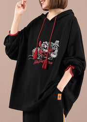 Beautiful Black Hooded Embroidered Drawstring Fall Loose Sweatshirts Top