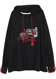 Beautiful Black Hooded Embroidered Drawstring Fall Loose Sweatshirts Top
