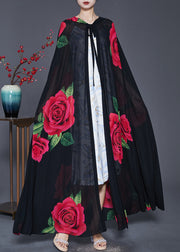 Beautiful Black Hooded Floral Print Chiffon Cardigan Spring
