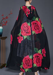 Beautiful Black Hooded Floral Print Chiffon Cardigan Spring