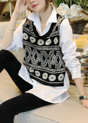 Beautiful Black Knit Vest And White Shirts Two Pieces Set Fall