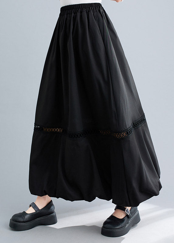 Beautiful Black Lace Patchwork Elastic Waist Solid Maxi Skirt Summer