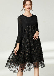 Beautiful Black Lace Patchwork Fall Dress Long Sleeve - SooLinen