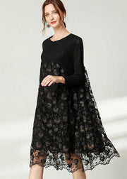 Beautiful Black Lace Patchwork Fall Dress Long Sleeve - SooLinen