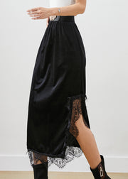 Beautiful Black Lace Patchwork Side Open Silk Velour Skirts Fall