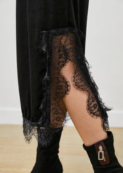 Beautiful Black Lace Patchwork Side Open Silk Velour Skirts Fall
